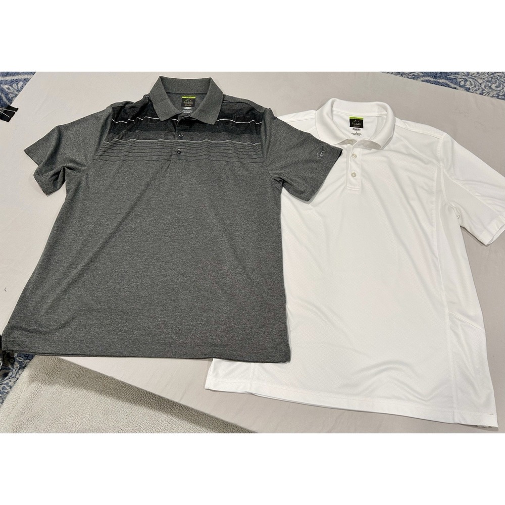 Greg Norman Shark Tasso Elba Play Dry Polo Shirts Gray/Black, White Lot of 2 Lg